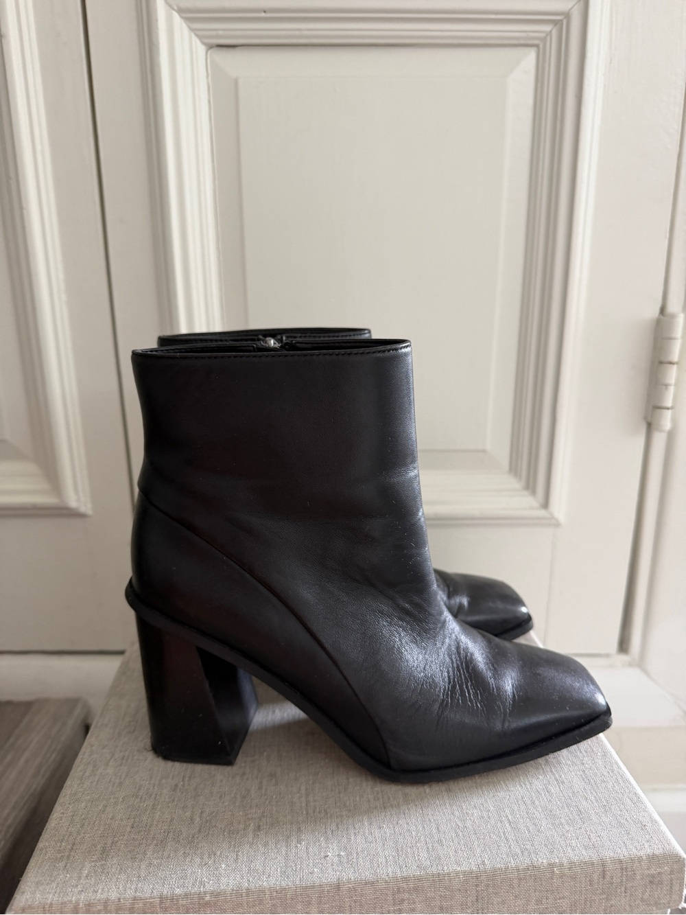 Franco Sarto Black Leather Ankle Booties with Block Heel - Picture 3 of 10